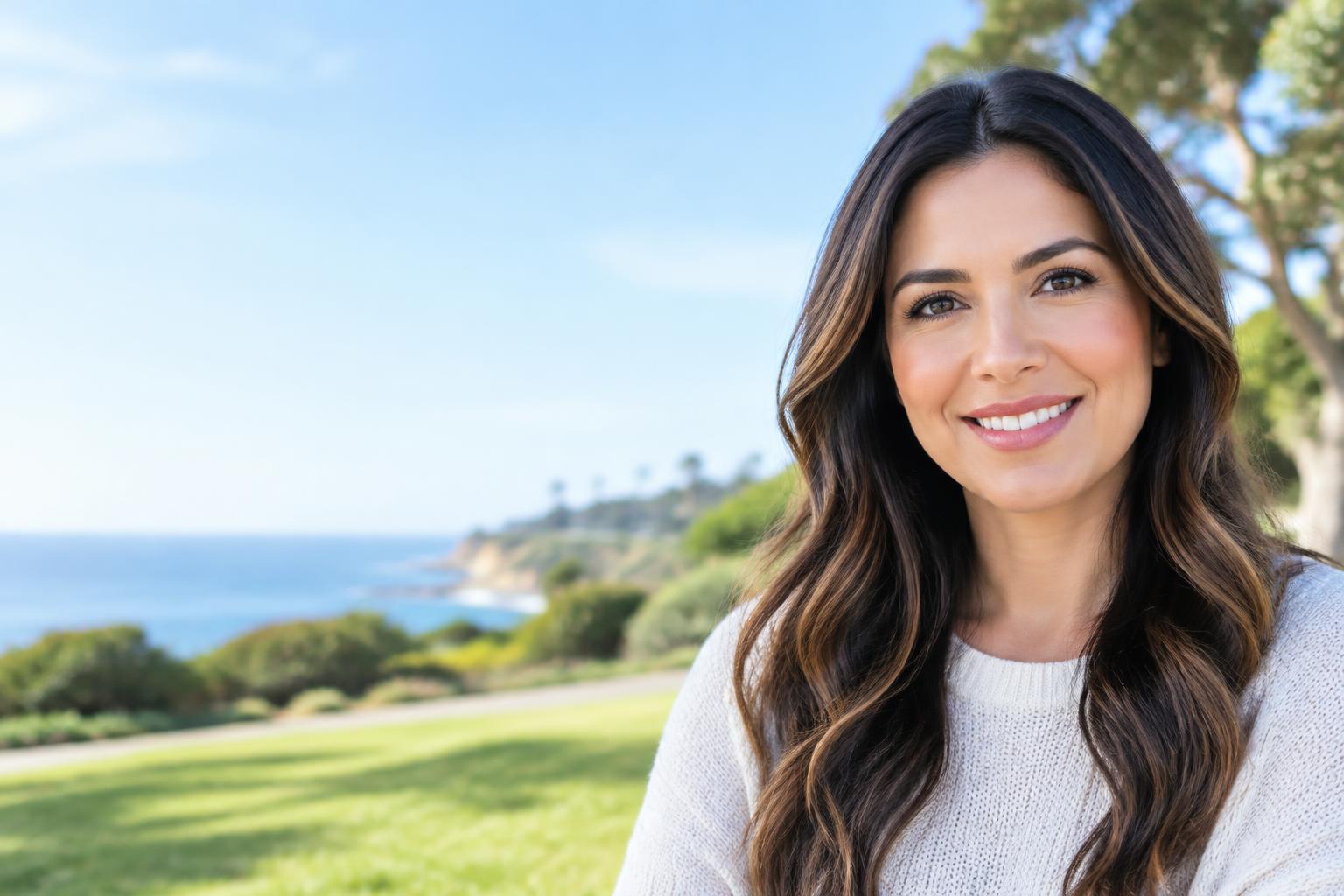 Mujer sin anteojos en un parque junto a la costa de California