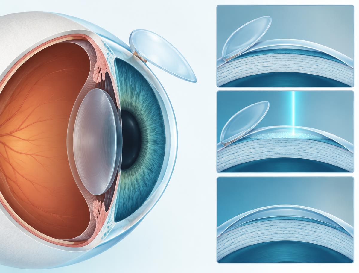 Ilustración médica de cómo el láser remodela la córnea durante LASIK