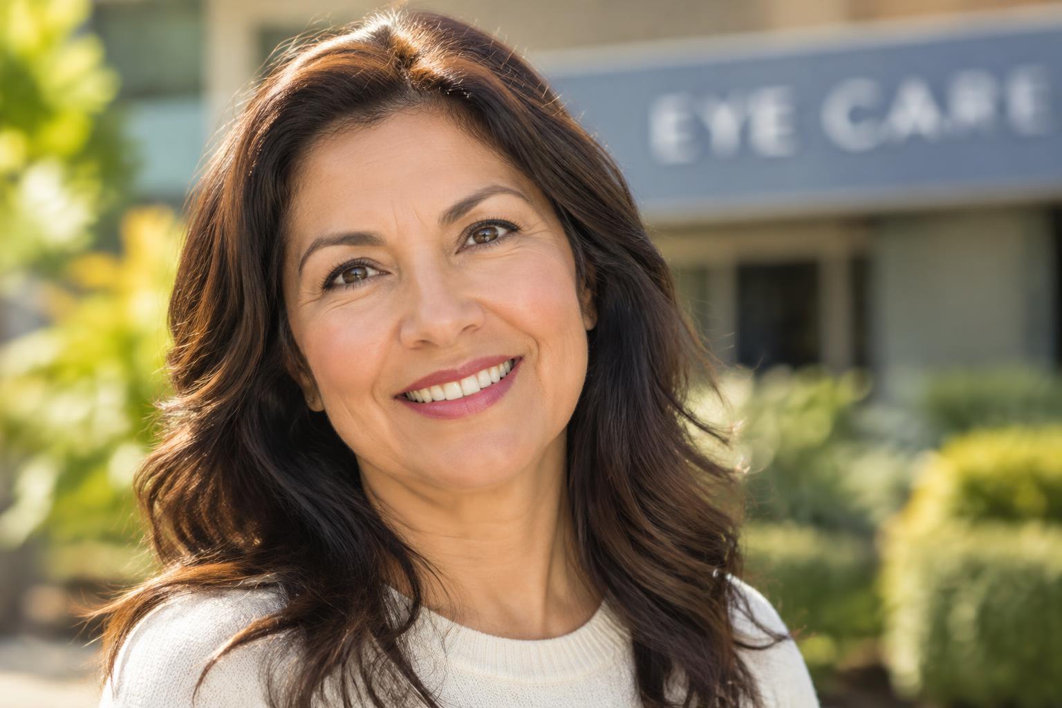 Mujer adulta sonriendo con visión clara frente a una clínica de salud visual
