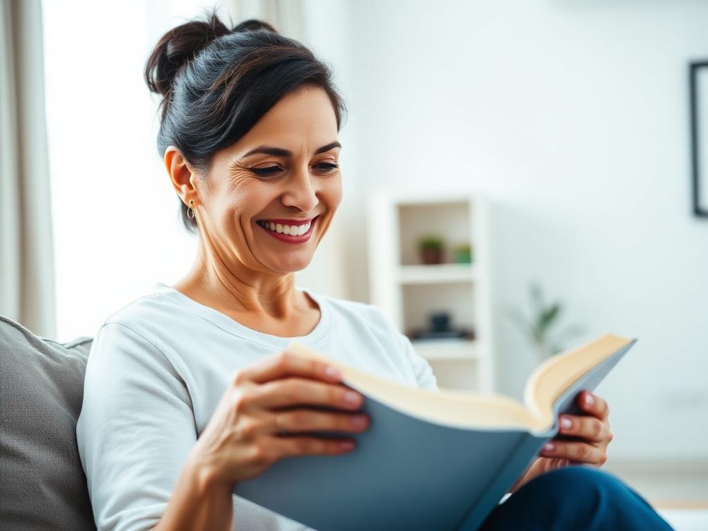 Paciente sonriendo mientras disfruta de una lectura clara